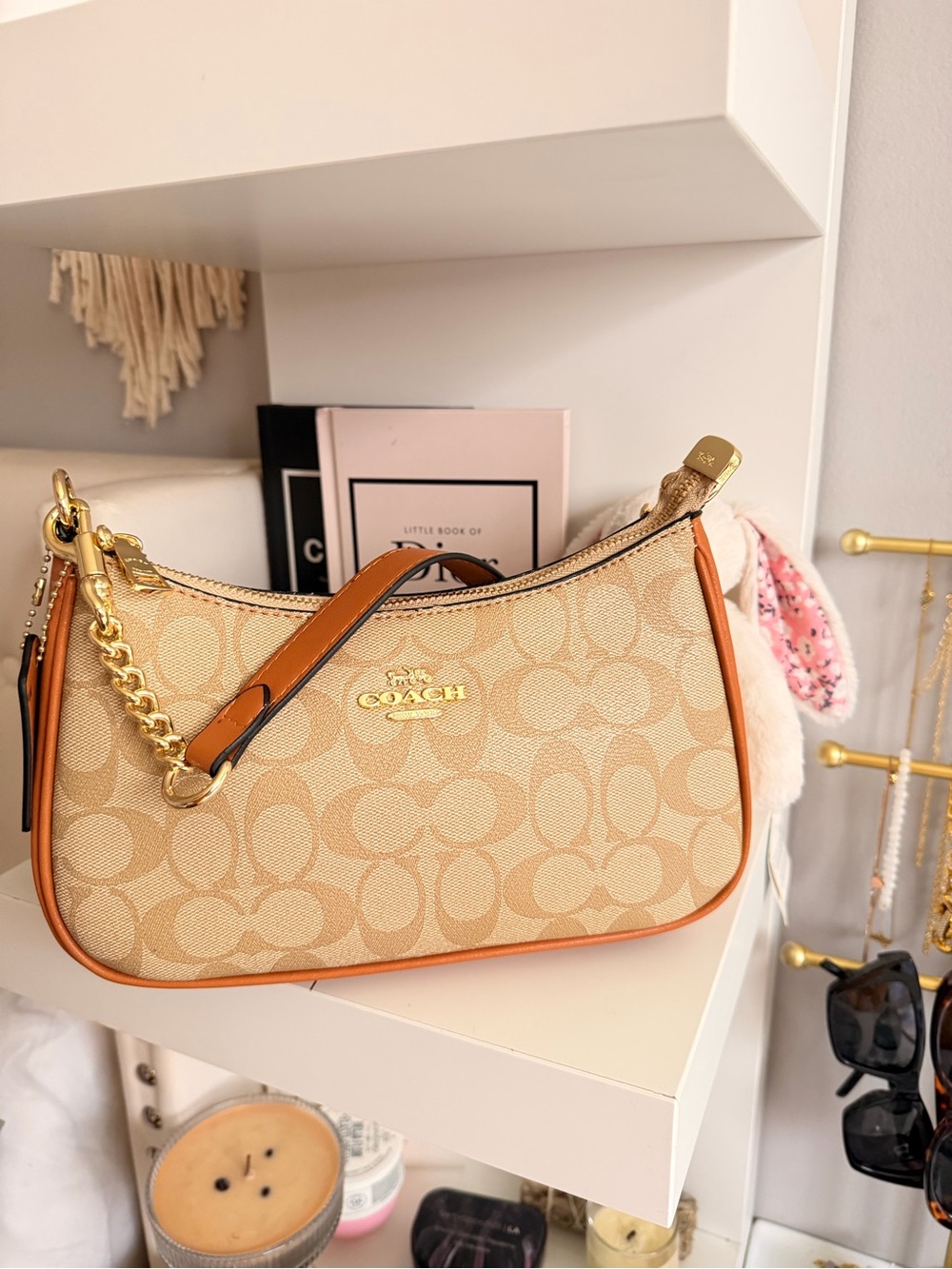 Coach Teri Regular Shoulder Bag in Beige with Tan Trim and Gold Hardware